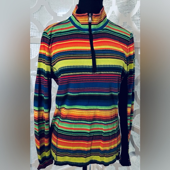 RALPH LAUREN Active Multicolor Striped Top Zip Logo Orange Yellow Blue Medium - Picture 11 of 15